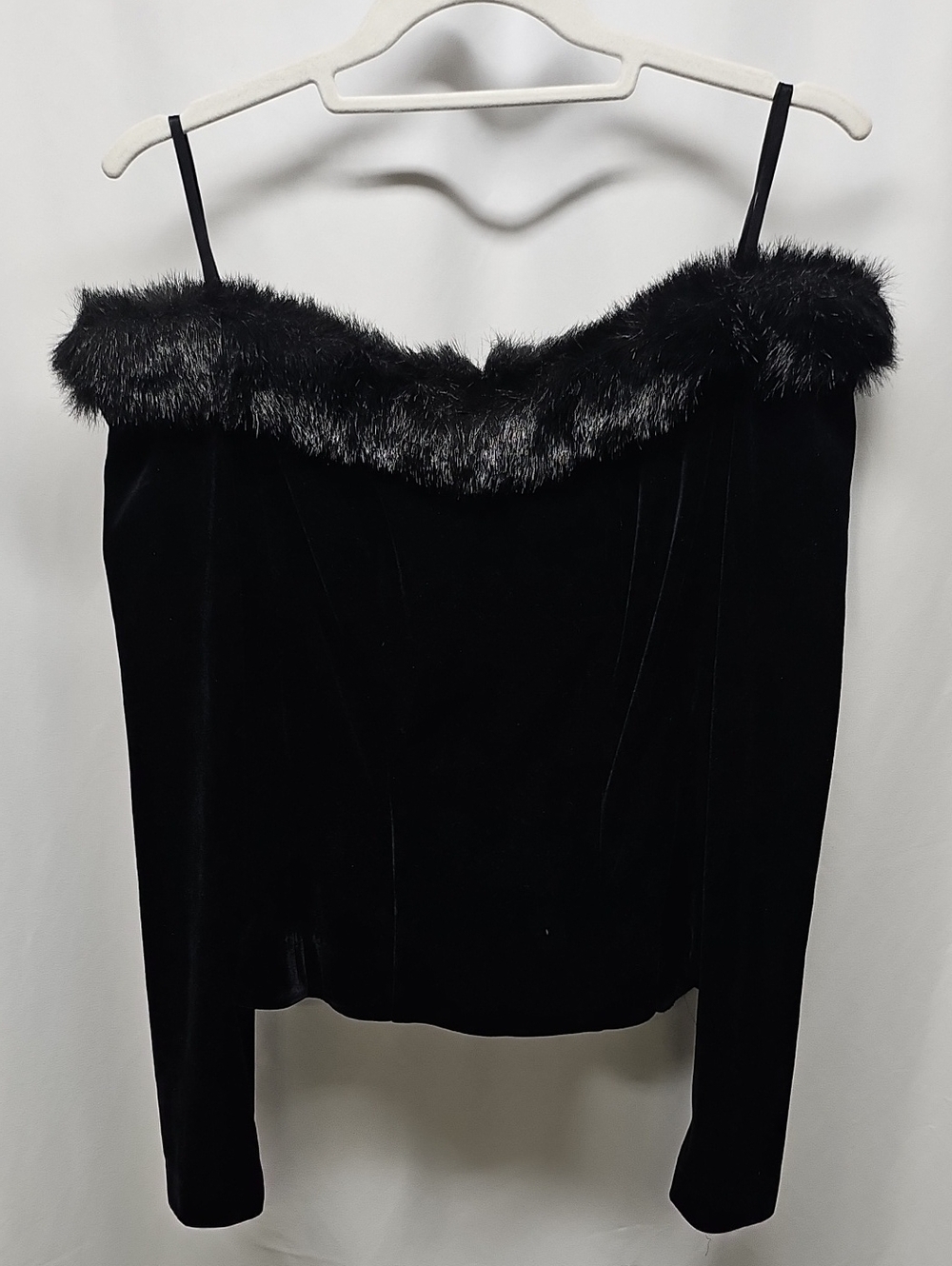 Alex Evenings Black Velvet Top with Faux Fur Trim